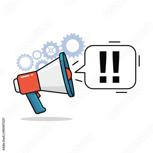 Megaphone with exclamation marks in a speech bubble and gears representing announcement, marketing, and mechanical process.