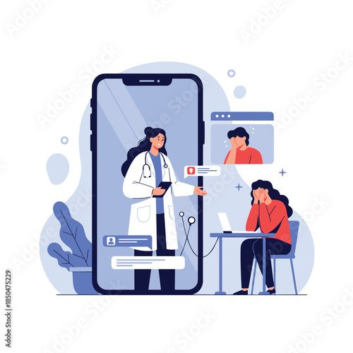 Young woman receiving online mental health support and therapy from a professional doctor via a smartphone app.