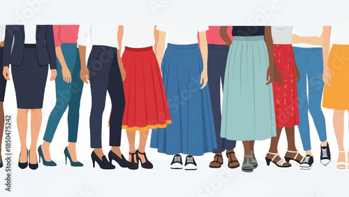 Diverse group of women standing together wearing different outfits and shoes in a vibrant illustration