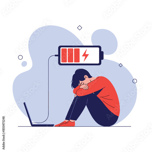 Depressed man sitting on the floor with low battery energy level symbol representing mental exhaustion and burnout.