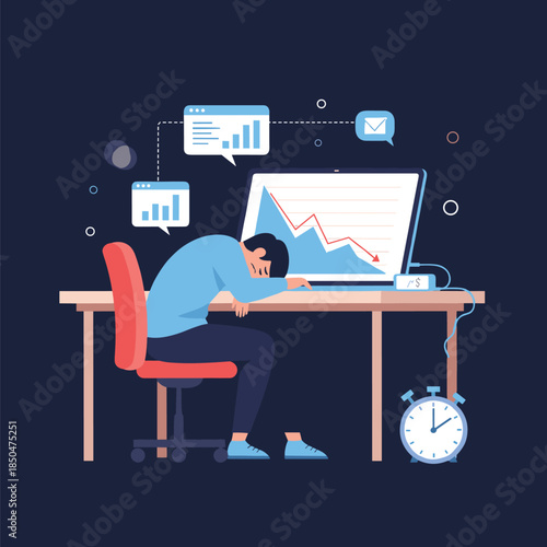 Exhausted employee sleeping at his desk in front of a computer screen showing a declining financial market graph.