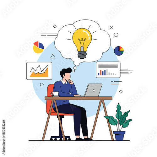 Creative professional sitting at a desk with a laptop while having a bright idea illustrated by a large lightbulb.