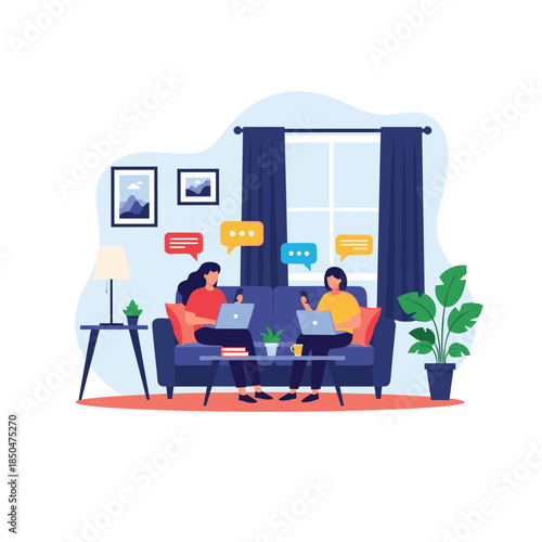 Two female friends or colleagues sitting on a sofa while multitasking with laptops and smartphones in a home setting.