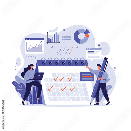 Team of professionals planning tasks and scheduling projects on a large calendar with checklists and data charts.