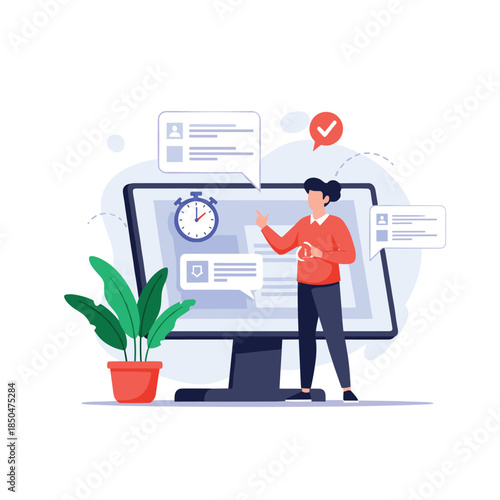 Professional person managing time and tasks while interacting with a large computer monitor displaying a stopwatch.