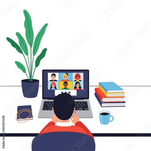Student or professional attending a virtual video conference with multiple participants on a laptop at a workspace.