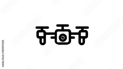 Drone with Camera Outline Icon. Minimalist Black Line Art Symbol for Aerial Photography, UAV Technology, and Modern Digital Concepts.