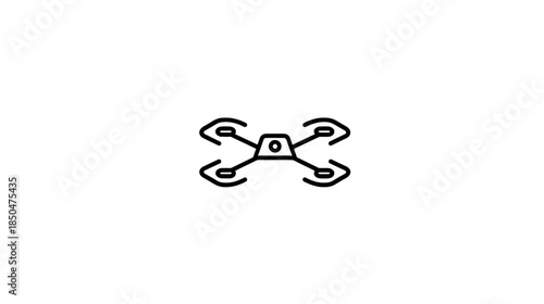 Black line art icon of a quadcopter drone, remote control unmanned aerial vehicle, modern technology symbol