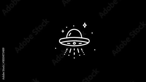 Minimalist White Line Icon of a Flying Saucer UFO with Beaming Light and Stars on Black Background. Sci-Fi Space Alien Illustration.