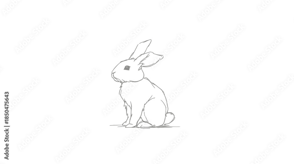 Fototapeta premium Cute rabbit sketch illustration. Hand-drawn bunny in black and white, simple line art of an animal on a white background.