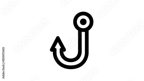 Minimalist black outline fishing hook icon, symbolizing angling, fishing sport, hobby, and leisure activity, isolated on a clean white background.
