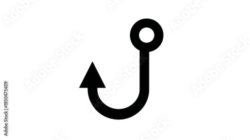 Simple black fishing hook icon on a white background, perfect for angling, fishing, and outdoor sports design.