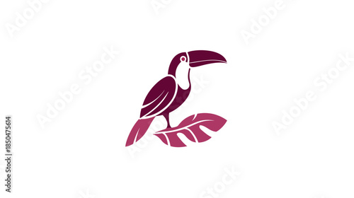 Stylized Toucan Bird and Tropical Leaf Vector Illustration. Flat Design Exotic Wildlife Icon in Gradient Purple Tones. Minimalist Nature Graphic.