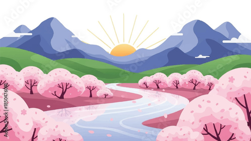 Serene landscape with mountains, river, trees, and sunrise in a valley