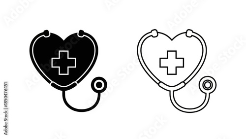Heart Shaped Stethoscope With Medical Cross Black And White Icons health care
