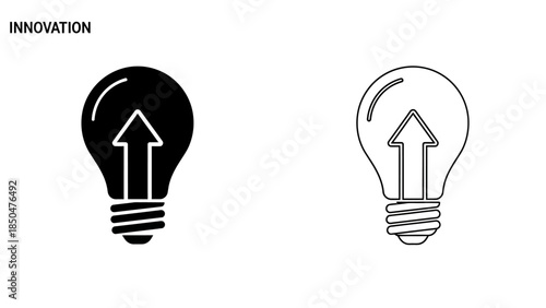 Light bulb with upward arrow inside in silhouette and outline with word INOVATION innovation