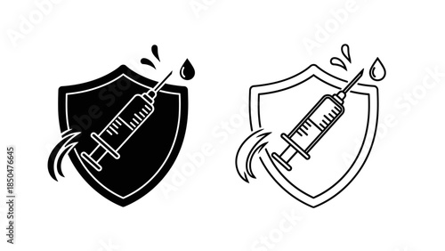 Syringe and shield with water drops in silhouette and outline needle medical