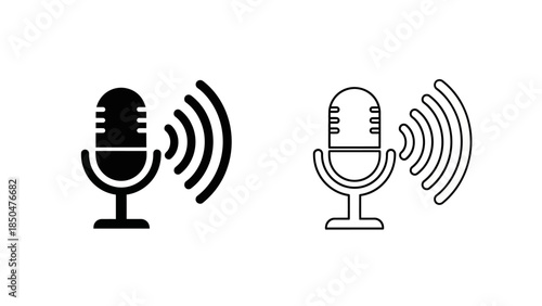 Two microphone icons one solid black and one outline with sound waves Keywords: microphone, icon, sound, wave, audio