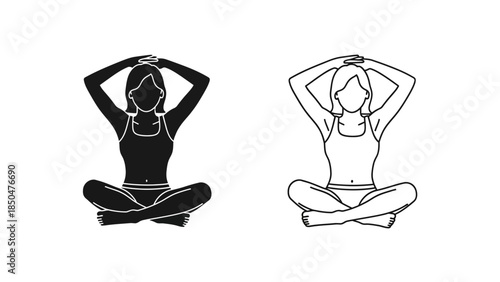 Woman Meditating In Lotus Pose Silhouette And Outline Black And White yoga