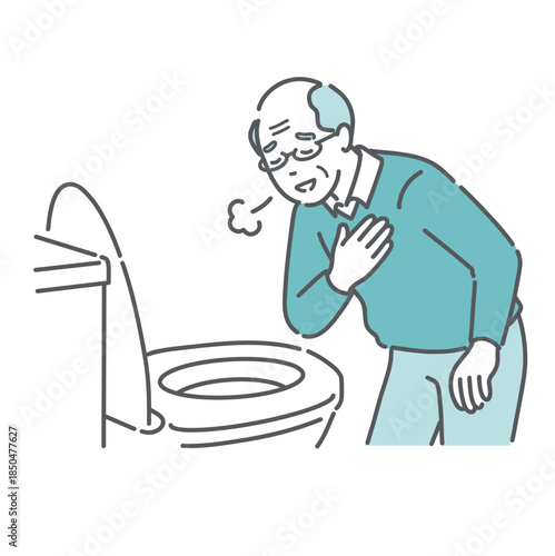 トイレで便の状態を確認して安心する高齢男性のイラスト（異常なし・便秘解消・介護）