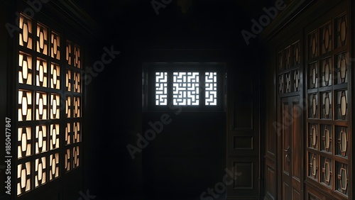 confessional. Empty confessional booth interior with soft light filtering through wooden lattice. event programs, museum guides, designed for cultural heritage projects and event programs.