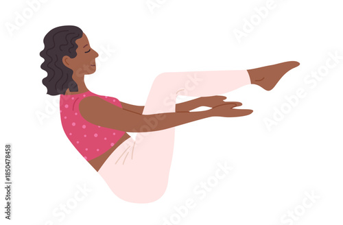 Woman practicing yoga and Pilates exercise cartoon illustration. Young girl in relaxed stretching pose, balance relaxation. Healthy lifestyle fitness, wellness meditation concept in flat graphic style