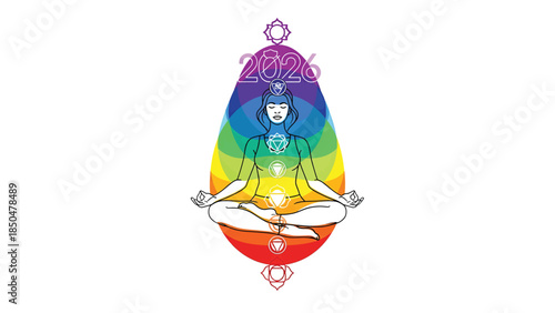 Woman meditating in lotus position with chakras and rainbow aura, symbolizing balance and spiritual well-being for the year 2020.
