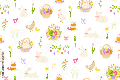 Easter elements hand drawn seamless pattern. Easter eggs, eggs cakes, rabbit chicken goose, lamb trendy boundless background. Easter holiday cheerful endless design for print wrapper backdrop template