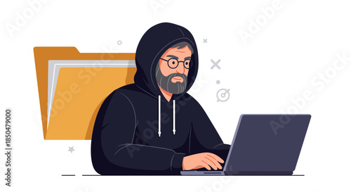 Hacker in Hoodie Working on Laptop for Cyber Security Threat Concept Illustration cybersecurity
