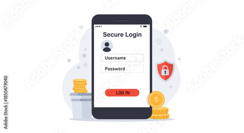 Secure Mobile Login Screen Concept with Coins and Shield for Finance Security cybersecurity