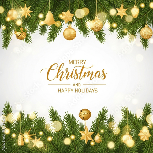 Christmas Festive: A stunning display of Christmas ornamentation, featuring evergreen boughs, twinkling lights, elegant gold bells and stars, and cheerful holiday message.