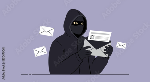 Cyber criminal hacker in black hood stealing personal data from email correspondence phishing and identity theft concept cybersecurity