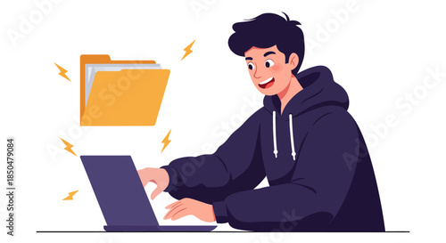 Young Man Working on Laptop with Digital Folder Icon Concept of Data Management Organization and Technology cybersecurity