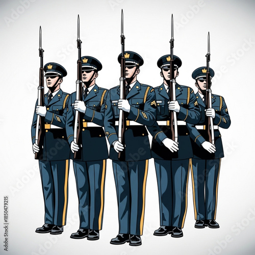 Guard of Honor: A disciplined assembly of uniformed soldiers stands at attention, rifles held high, embodying precision and solemnity. 