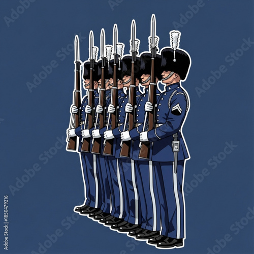 Precise Formation: A disciplined group of uniformed soldiers stands at attention, rifles held at the ready, showcasing a picture of discipline and duty.