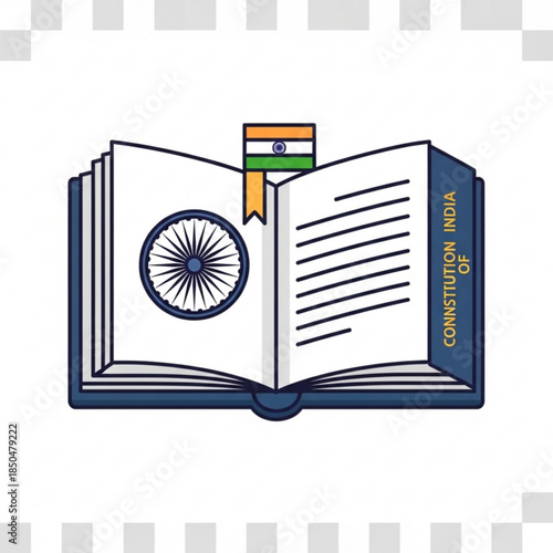 Indian Constitution Icon: An open book, the Indian constitution, symbolizing the legal framework of India, adorned with its national emblem and flag, representing its democratic principles and values.