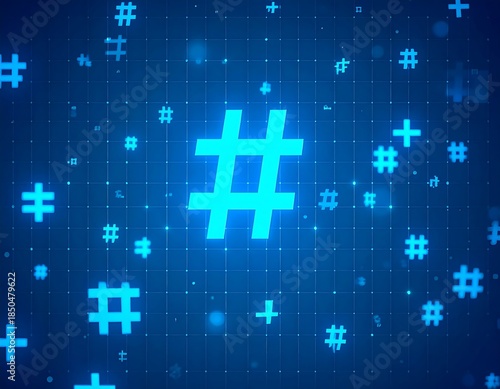 A vibrant blue digital illustration featuring a grid with floating hash symbols and plus signs, creating a tech-inspired aesthetic