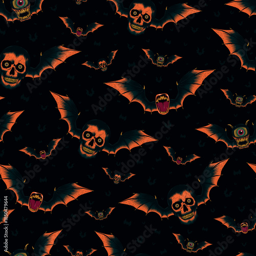 Seamless Vintage Halloween Bat Skull Pattern