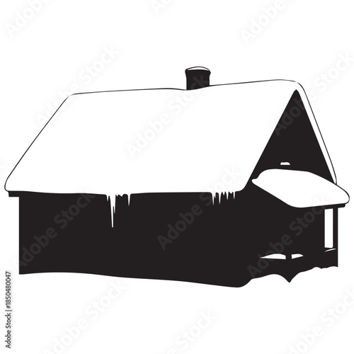 Snow covered house with icicles hanging from roof