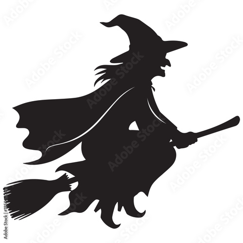 Witch flying on broomstick in black silhouette against white