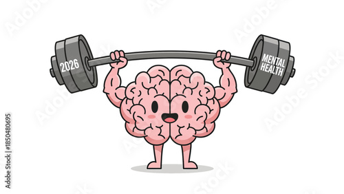 Strong brain character lifting a barbell with 'Mental Health' and '2026' written on it, symbolizing mental strength and well-being.