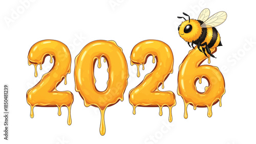 Happy New Year 2026 with cute honey bee and dripping golden numbers.