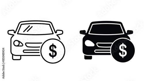 Car with dollar sign icon set -  Vector icon set - Line and glyph solid icon set - Icon vector - Flat Design Icon - Solid icons vector collection - Blue icon set 