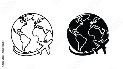 Travel and globe icon set -  Vector icon set - Line and glyph solid icon set - Icon vector - Flat Design Icon - Solid icons vector collection - Blue icon set 