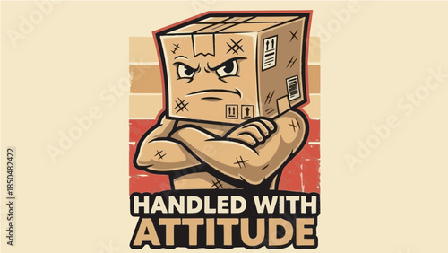 Tough muscular cardboard box character with crossed arms and "Handled With Attitude" funny shipping pun