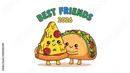 Cute pizza and taco cartoon characters hugging, representing best friends forever, on a white background.