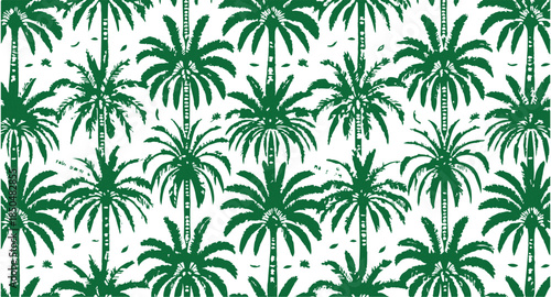 Repeating Pattern of Green Palm Trees on White Background tropical nature