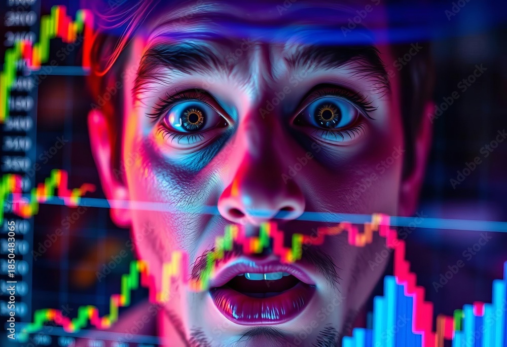 Fototapeta premium Astonished face reflected on vibrant stock market chart, trader, volatility