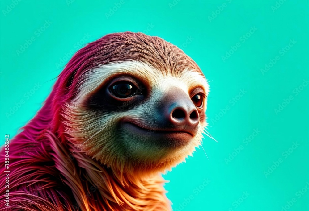 Obraz premium Cute Smiling Sloth Portrait on Vibrant Turquoise Background Representing Playful Wildlife Art Modern Digital Illustration Style