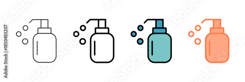 Set of minimalist soap dispenser icons with transparent background, depicting hand sanitizer, liquid soap, or lotion bottles for hygiene and personal care, vector illustration